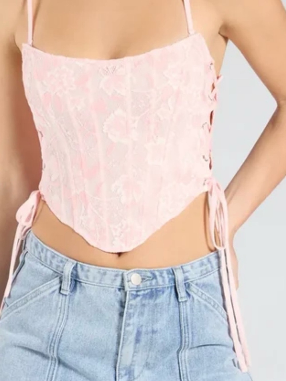 Windsor Light Pink Lace-Up Floral Corset Tank